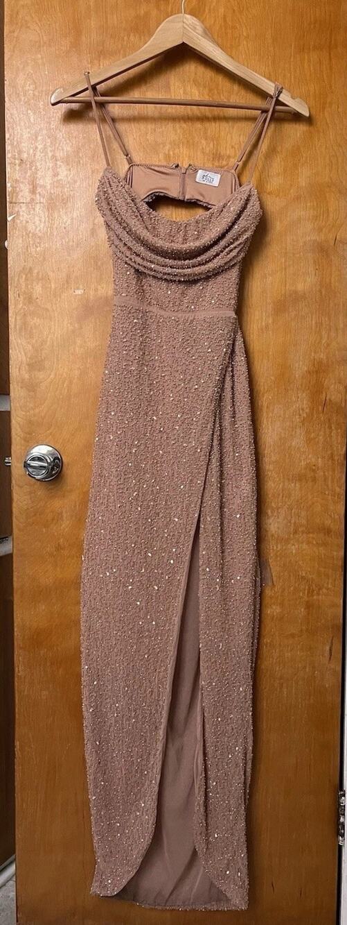 Oh Polly Champel Cowl Neck Maxi Dress Latte Sequin Beaded Mesh Prom Sz 2 Gown